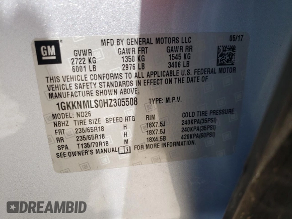 2017 GMC Acadia SLT z VIN 1GKKNMLS0HZ305508, wystawiony jako Copart lot #60781663 z przebiegiem 56 040 mil mil oraz Nie do naprawy • Non repairable. Historia ofert i sprzedaży dostępna na DreamBid. Obrazek 13.