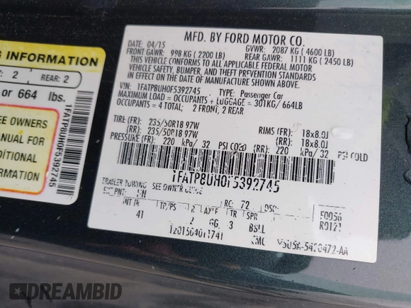 2015 Ford Mustang EcoBoost Premium with VIN 1FATP8UH0F5392745, listed as a IAAI auction lot 42268895 with 97,366 mi miles and . Bid and sale history available at DreamBid. Image 9.