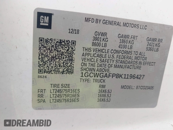 2019 Chevrolet Express Cargo with VIN 1GCWGAFP8K1196427, listed as a IAAI auction lot 42545445 with 141,592 mi miles and . Bid and sale history available at DreamBid. Image 9.