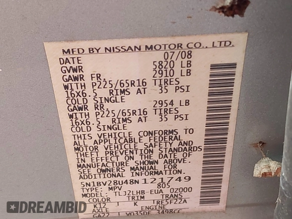 2008 Nissan Quest S z VIN 5N1BV28U48N121749, wystawiony jako IAAI lot #42209816 z przebiegiem 173 970 mil mil oraz . Historia ofert i sprzedaży dostępna na DreamBid. Obrazek 9.