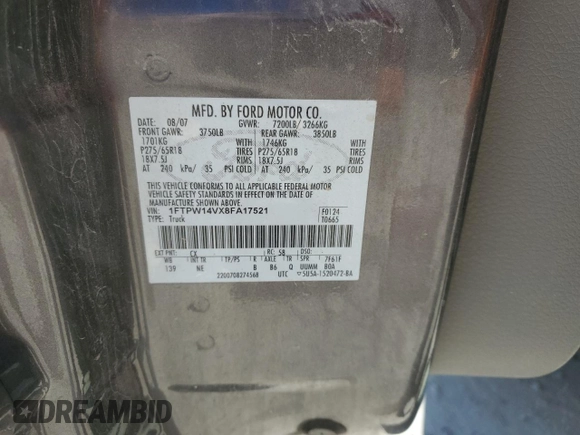 2008 Ford F-150 XLT с VIN 1FTPW14VX8FA17521, выставлен на аукционе Copart как лот 57975265 с пробегом 186 935 миль миль и Списание • Salvage title. История ставок и продаж доступна на DreamBid. Изображение 12.
