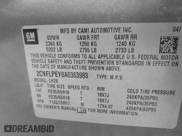 2010 Chevrolet Equinox LT w/2LT with VIN 2CNFLPEY8A6363983, listed as a IAAI auction lot 41781282 with 229,762 mi miles. Bid and sale history available at carsss.com. Image 9.