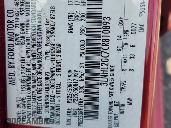 2012 Lincoln MKZ with VIN 3LNHL2GC7CR810893, listed as a Copart auction lot 54709745 with 104,838 mi miles and Salvage Title. Bid and sale history available at carsss.com. Image 12.