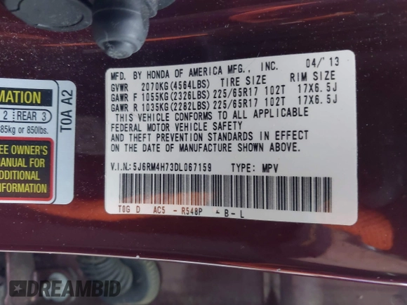 2013 Honda CR-V EX-L with VIN 5J6RM4H73DL067159, listed as a IAAI auction lot 42272185 with 98,802 mi miles and . Bid and sale history available at DreamBid. Image 9.