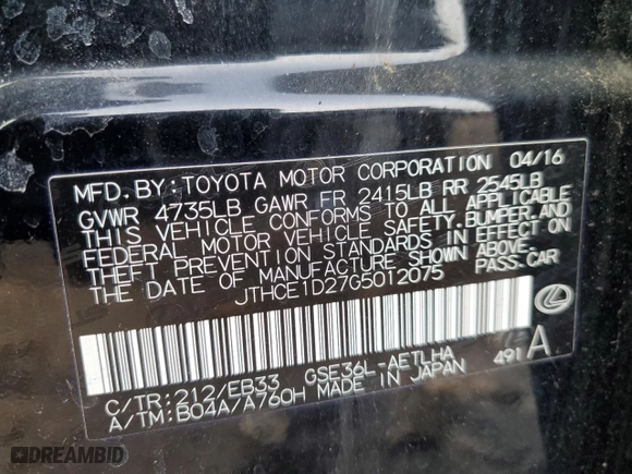 2016 Lexus IS 350 with VIN JTHCE1D27G5012075, listed as a Copart auction lot 43336725 with 58,279 mi miles and Clean Title. Bid and sale history available at carsss.com. Image 12.