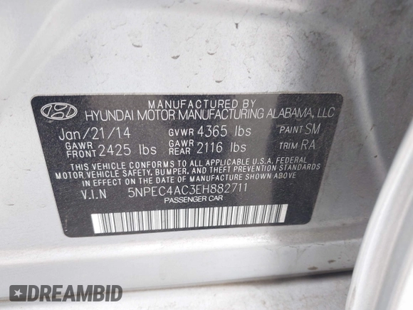 2014 Hyundai Sonata SE with VIN 5NPEC4AC3EH882711, listed as a IAAI auction lot 42192424 with 189,279 mi miles and . Bid and sale history available at DreamBid. Image 9.
