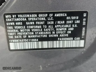 2013 Volkswagen Passat TDI SE w/Sunroof with VIN 1VWBN7A37DC113554, listed as a Copart auction lot 45937395 with 0 mi miles and Non Repairable. Bid and sale history available at carsss.com. Image 15.