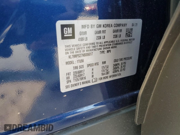 2022 Chevrolet TrailBlazer LT with VIN KL79MPS27NB006017, listed as a Copart auction lot 59941984 with 37,844 mi miles and Salvage Title. Bid and sale history available at DreamBid. Image 15.