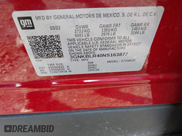 2022 Chevrolet Blazer Premier with VIN 3GNKBLR40NS163877, listed as a IAAI auction lot 41249191 with 22,235 mi miles and . Bid and sale history available at DreamBid. Image 9.