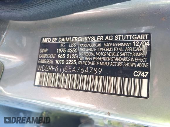 2005 Mercedes-Benz C 240 with VIN WDBRF61J85A764789, listed as a IAAI auction lot 41319572 with 8,921 mi miles and . Bid and sale history available at DreamBid. Image 9.
