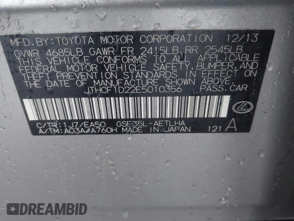 2014 Lexus IS 250 with VIN JTHCF1D22E5010356, listed as a IAAI auction lot 41869768 with 139,010 mi miles and . Bid and sale history available at DreamBid. Image 9.
