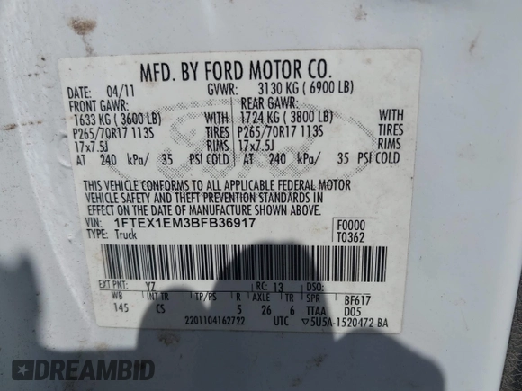2011 Ford F-150 XL with VIN 1FTEX1EM3BFB36917, listed as a IAAI auction lot 42810657 with 233,059 mi miles and . Bid and sale history available at DreamBid. Image 9.