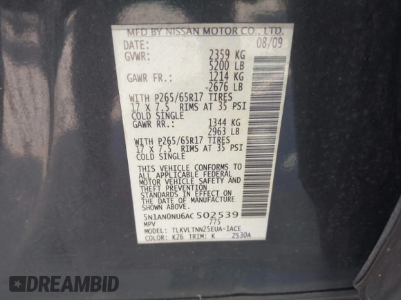 2010 Nissan Xterra S with VIN 5N1AN0NU6AC502539, listed as a IAAI auction lot 42098914 with 187,418 mi miles. Bid and sale history available at carsss.com. Image 9.