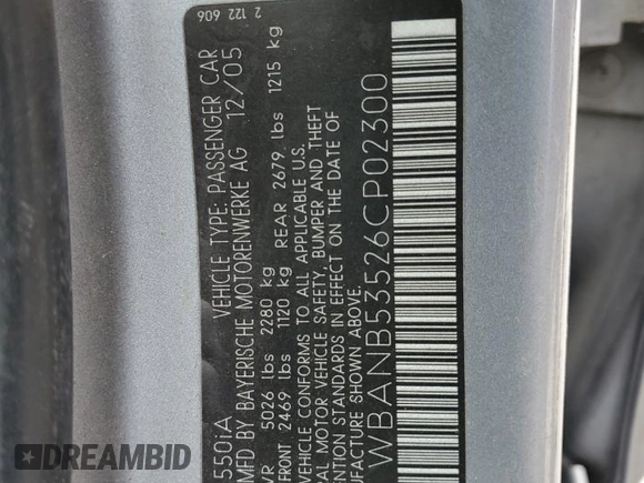2006 BMW 5 Series 550i with VIN WBANB53526CP02300, listed as a Copart auction lot 80084714 with Not Provided miles and Salvage Title. Bid and sale history available at DreamBid. Image 12.
