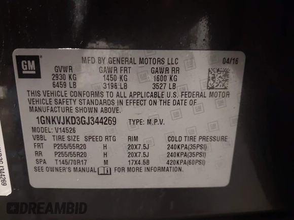 2016 Chevrolet Traverse LTZ with VIN 1GNKVJKD3GJ344269, listed as a IAAI auction lot 42008466 with 227,485 mi miles and . Bid and sale history available at DreamBid. Image 9.