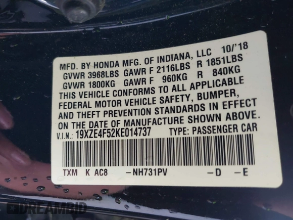 2019 Honda Insight EX with VIN 19XZE4F52KE014737, listed as a IAAI auction lot 42100837 with 35,402 mi miles and . Bid and sale history available at carsss.com. Image 9.