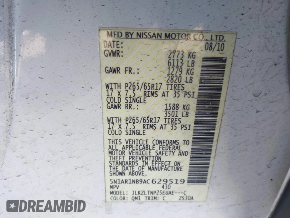 2010 Nissan Pathfinder SE with VIN 5N1AR1NB9AC629519, listed as a IAAI auction lot 41772962 with 192,593 mi miles and . Bid and sale history available at DreamBid. Image 9.