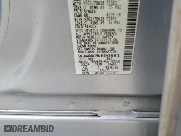 2009 Nissan Armada SE z VIN 5N1BA08D19N600681, wystawiony jako Copart lot #49723785 z przebiegiem 369 498 mil mil oraz Szkoda całkowita • Salvage title. Historia ofert i sprzedaży dostępna na DreamBid. Obrazek 14.