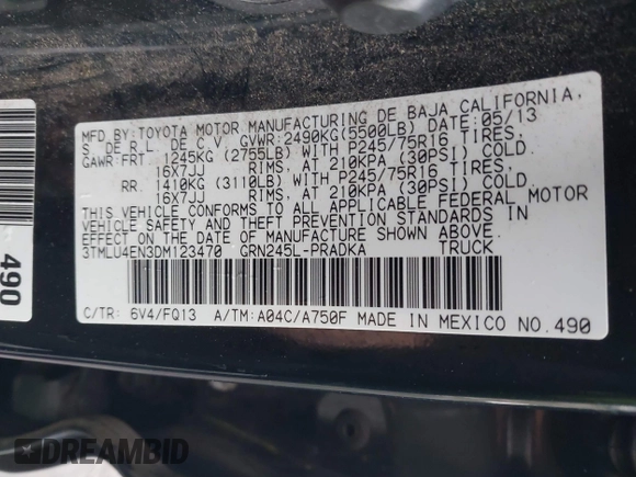 2013 Toyota Tacoma with VIN 3TMLU4EN3DM123470, listed as a IAAI auction lot 41952721 with 72,296 mi miles and . Bid and sale history available at DreamBid. Image 9.