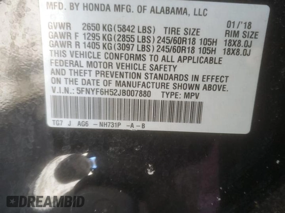 2018 Honda Pilot EX-L with VIN 5FNYF6H52JB007880, listed as a Copart auction lot 87397104 with 98,675 mi miles and Salvage Title. Bid and sale history available at carsss.com. Image 15.