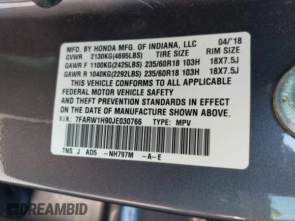 2018 Honda CR-V Touring with VIN 7FARW1H90JE030766, listed as a IAAI auction lot 41637900 with Not Provided miles and . Bid and sale history available at DreamBid. Image 9.