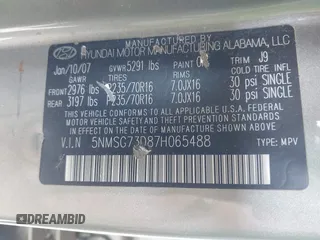 2007 Hyundai Santa Fe GLS с VIN 5NMSG73D87H065488, выставлен на аукционе IAAI как лот 42352837 с пробегом 209 900 миль миль и . История ставок и продаж доступна на DreamBid. Изображение 9.