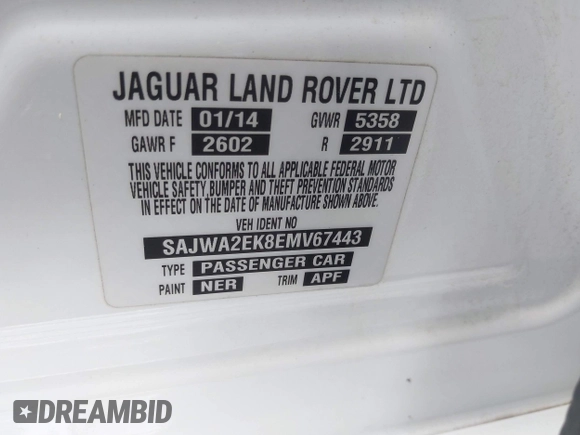 2014 Jaguar XJ with VIN SAJWA2EK8EMV67443, listed as a IAAI auction lot 42483075 with 88,357 mi miles and . Bid and sale history available at DreamBid. Image 9.