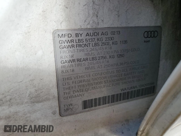 2013 Audi allroad Premium Plus with VIN WA1UFAFL1DA203366, listed as a Copart auction lot 78982744 with 160,341 mi miles and Salvage Title. Bid and sale history available at carsss.com. Image 12.