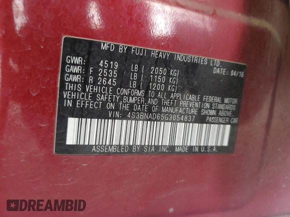 2016 Subaru Legacy Premium with VIN 4S3BNAD65G3054837, listed as a Copart auction lot 57000325 with 126,299 mi miles and Salvage title. Bid and sale history available at DreamBid. Image 13.