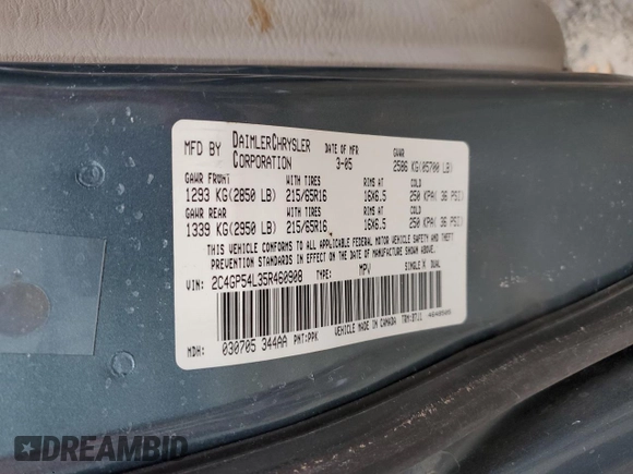 2005 Chrysler Town & Country Touring z VIN 2C4GP54L35R460908, wystawiony jako Copart lot #74486784 z przebiegiem Nie podano mil oraz Szkoda całkowita • Salvage title. Historia ofert i sprzedaży dostępna na DreamBid. Obrazek 14.