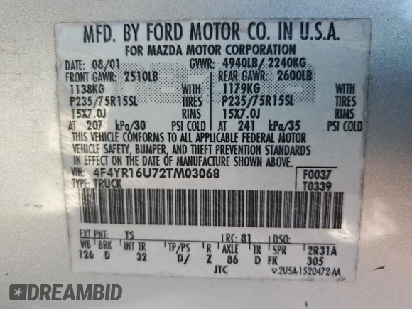 2002 Mazda B-Series Truck DS z VIN 4F4YR16U72TM03068, wystawiony jako Copart lot #55536395 z przebiegiem 199 895 mil mil oraz Czysty tytuł • Clean title. Historia ofert i sprzedaży dostępna na DreamBid. Obrazek 12.