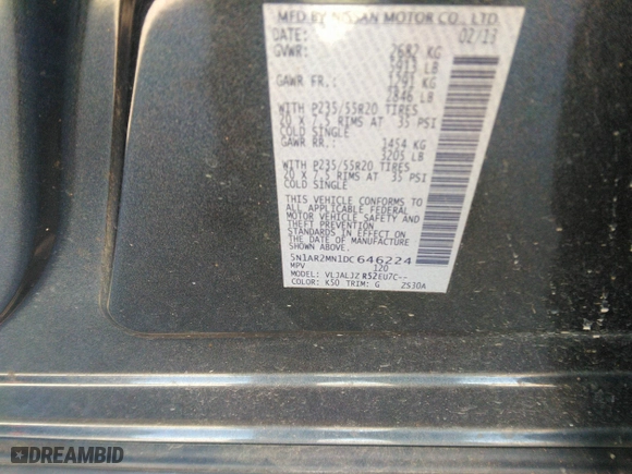 2013 Nissan Pathfinder SL with VIN 5N1AR2MN1DC646224, listed as a IAAI auction lot 41615804 with 102,072 mi miles. Bid and sale history available at carsss.com. Image 9.