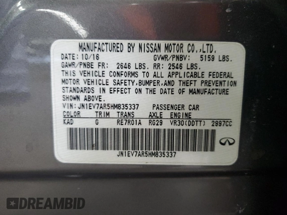 2017 Infiniti Q50 3.0t Premium with VIN JN1EV7AR5HM835337, listed as a Copart auction lot 53397355 with 103,468 mi miles and Clean Title. Bid and sale history available at carsss.com. Image 12.