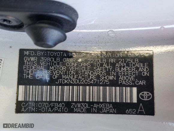 2012 Toyota Prius One with VIN JTDKN3DU2C5471275, listed as a Copart auction lot 43626245 with 139,463 mi miles and Salvage Title. Bid and sale history available at carsss.com. Image 14.