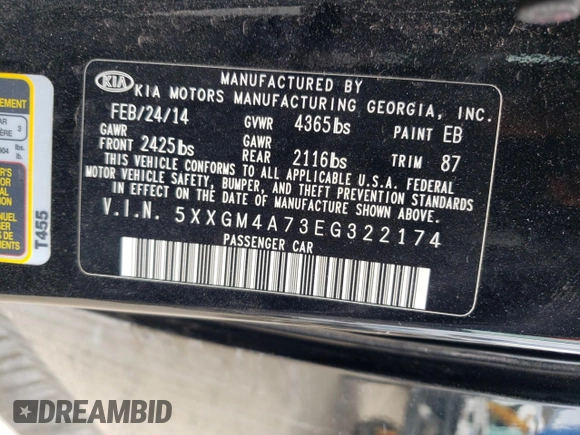 2014 Kia Optima LX z VIN 5XXGM4A73EG322174, wystawiony jako Copart lot #56183635 z przebiegiem 97 173 mil mil oraz Szkoda całkowita • Salvage title. Historia ofert i sprzedaży dostępna na DreamBid. Obrazek 12.
