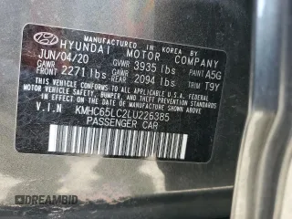 2020 Hyundai Ioniq Blue with VIN KMHC65LC2LU226385, listed as a Copart auction lot 61989965 with 184,834 mi miles and Salvage title. Bid and sale history available at DreamBid. Image 12.
