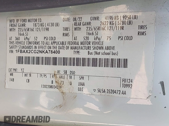 2022 Ford Transit Passenger XL с VIN 1FBAX2CG2NKA78400, выставлен на аукционе IAAI как лот 42219362 с пробегом 178 966 миль миль и . История ставок и продаж доступна на DreamBid. Изображение 9.