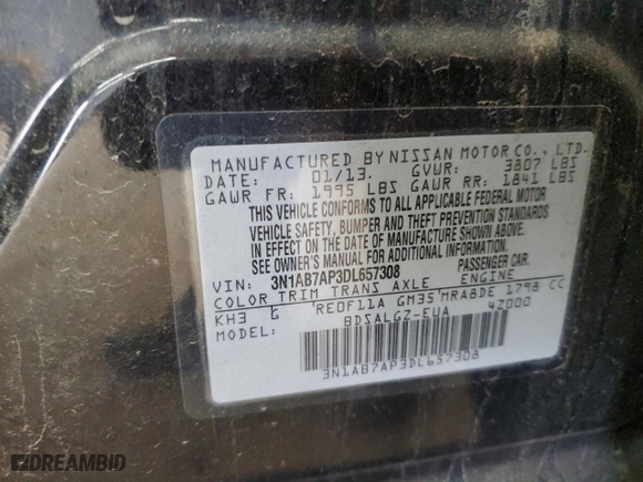 2013 Nissan Sentra SV with VIN 3N1AB7AP3DL657308, listed as a Copart auction lot 50704665 with 213,802 mi miles and Salvage Title. Bid and sale history available at carsss.com. Image 14.