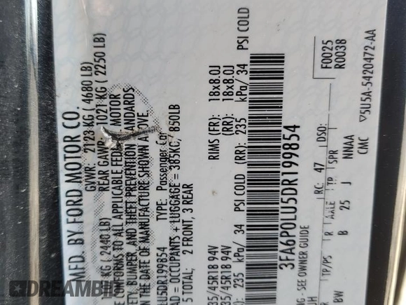 2013 Ford Fusion SE Hybrid with VIN 3FA6P0LU5DR199854, listed as a Copart auction lot 47856115 with 144,852 mi miles and Salvage Title. Bid and sale history available at DreamBid. Image 15.