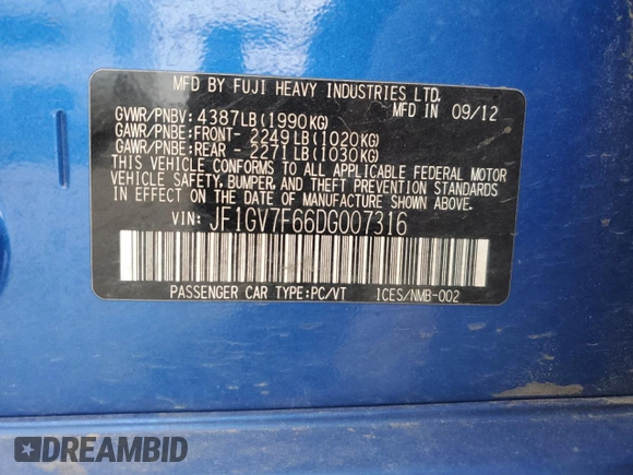 2013 Subaru WRX WRX Limited с VIN JF1GV7F66DG007316, выставлен на аукционе Copart как лот 49179865 с пробегом 117 860 миль миль и Списание • Salvage title. История ставок и продаж доступна на DreamBid. Изображение 12.