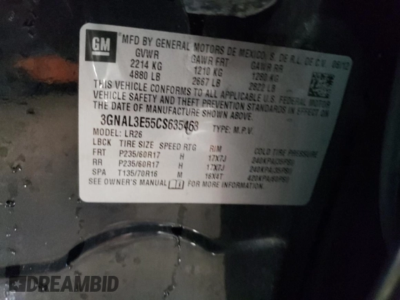2012 Chevrolet Captiva Sport LT with VIN 3GNAL3E55CS635463, listed as a Copart auction lot 79453914 with 180,289 mi miles and Salvage Title. Bid and sale history available at DreamBid. Image 12.
