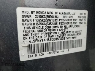 2013 Honda Pilot EX-L with VIN 5FNYF4H62DB050858, listed as a Copart auction lot 45587785 with 177,775 mi miles and Salvage Title. Bid and sale history available at carsss.com. Image 15.
