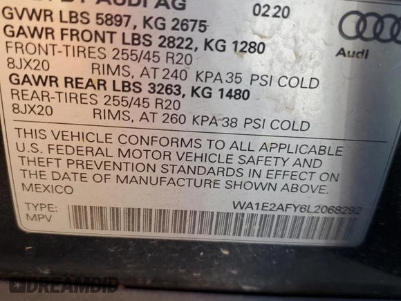 2020 Audi Q5 Premium Plus with VIN WA1E2AFY6L2068292, listed as a Copart auction lot 66568444 with 43,992 mi miles and Salvage title. Bid and sale history available at DreamBid. Image 13.