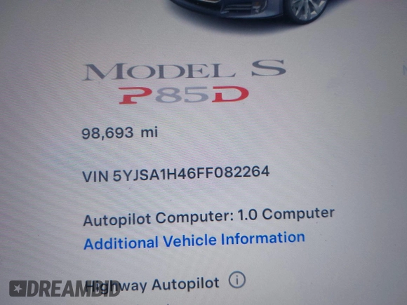2015 Tesla Model S 85D with VIN 5YJSA1H46FF082264, listed as a IAAI auction lot 42068959 with 98,693 mi miles. Bid and sale history available at carsss.com. Image 7.