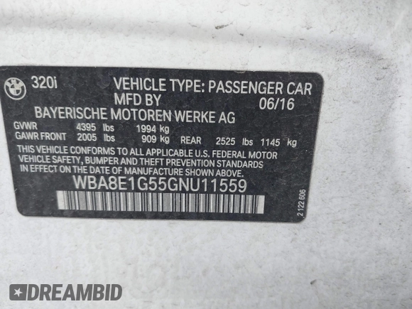 2016 BMW 3 Series 320i with VIN WBA8E1G55GNU11559, listed as a IAAI auction lot 41745322 with 113,233 mi miles and . Bid and sale history available at carsss.com. Image 9.