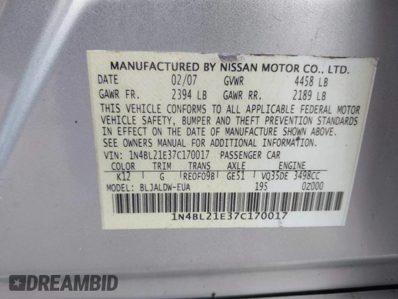 2007 Nissan Altima SL with VIN 1N4BL21E37C170017, listed as a IAAI auction lot 41810640 with 182,269 mi miles and . Bid and sale history available at DreamBid. Image 9.