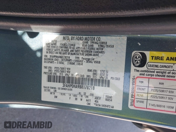 2011 Ford Fusion SE with VIN 3FAHP0HA9BR178218, listed as a IAAI auction lot 41862449 with 98,083 mi miles. Bid and sale history available at carsss.com. Image 9.