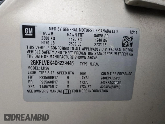 2012 GMC Terrain SLT-1 with VIN 2GKFLVEK4C6239446, listed as a Copart auction lot 51366915 with 144,950 mi miles and Clean Title. Bid and sale history available at DreamBid. Image 13.
