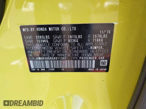2016 Honda Fit LX with VIN JHMGK5H56GX011347, listed as a IAAI auction lot 42067854 with 106,969 mi miles and . Bid and sale history available at DreamBid. Image 9.