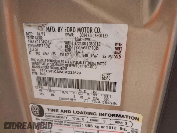 2012 Ford F-150 XL with VIN 1FTEW1CM5CKD32629, listed as a IAAI auction lot 42127583 with 257,949 mi miles. Bid and sale history available at carsss.com. Image 9.